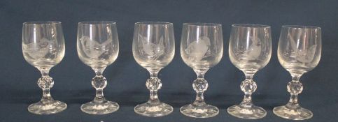 Set of 6 port/sherry glasses with etched bird decoration & Swarovski elephant & hippo