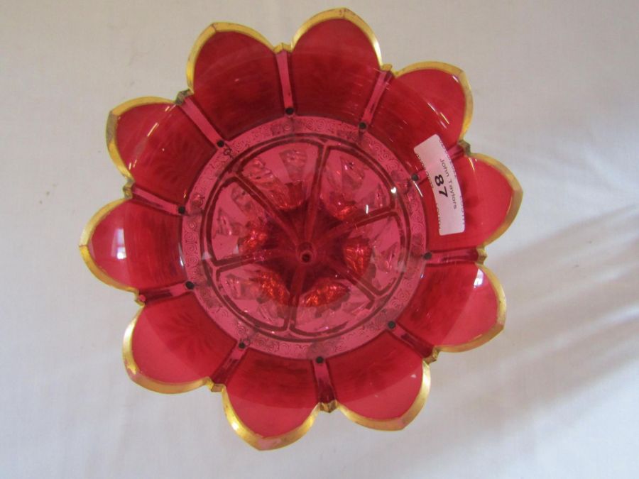 Pair of overlay cranberry lustres approx. 31cm high - gilding is worn in places, some chips to drops - Image 14 of 17