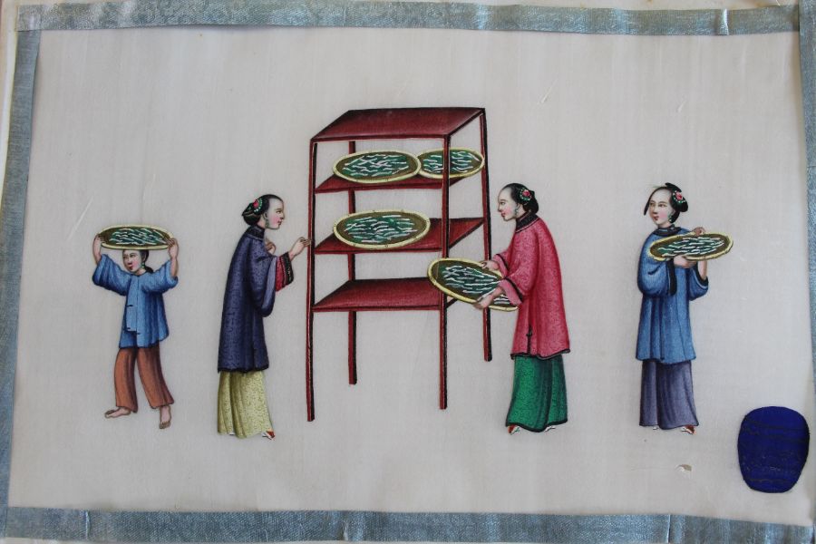 Late 19th / early 20th century album of Chinese paintings on rice paper depicting the silk making - Image 3 of 23