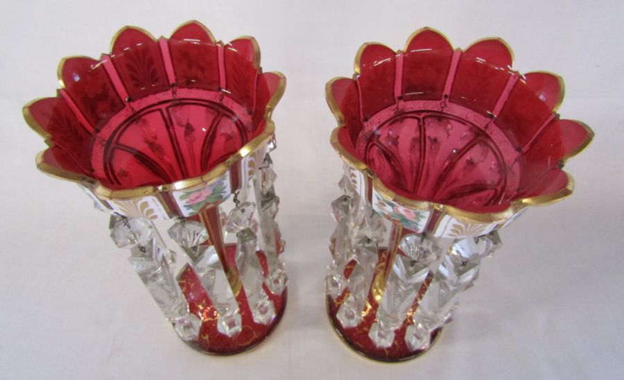 Pair of overlay cranberry lustres approx. 31cm high - gilding is worn in places, some chips to drops - Image 2 of 17