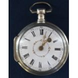 Swiss white metal key wind pocket watch with white enamel dial, chain driven movement, marked Th