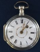 Swiss white metal key wind pocket watch with white enamel dial, chain driven movement, marked Th