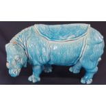 French Persian blue faience rhino in the manner of Theodore Deck (missing ears) 24.5cm high