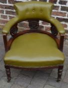 Victorian button back tub chair in olive green coloured leather