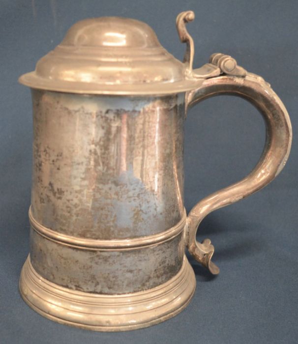 George II silver lidded ale tankard with monogram to handle ERS and later monogram JD? London1744 Ht