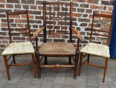 19th century rush seated carver chair & 2 Edwardian salon chairs