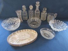 Collection of glassware including decanters and a Viners silverplate on copper tray with glass