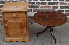 Small circular mahogany coffee table & a pine bedside cabinet