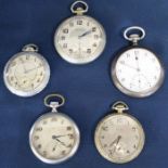 5 crown wind pocket watches including Waltham & Solar