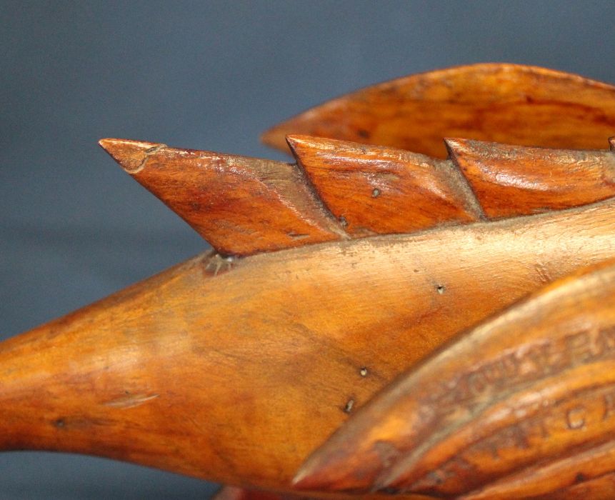 Pitcairn Island carved hard wood fish, one fin stamped "Souvenir from Pitcairn Island" (some damage) - Image 4 of 8