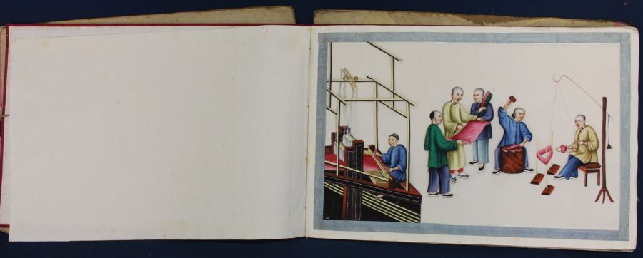 Late 19th / early 20th century album of Chinese paintings on rice paper depicting the silk making - Image 11 of 23