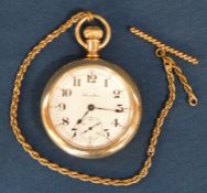 Hamilton Watch Co. gold plated pocket watch with engraved case & chain