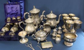 Selection of silver plate including 5 piece tea / coffee service, 6 wine goblets, grape scissors,