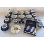 Blue and white pottery part breakfast set, Coalport knives and a small  plate