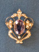 9ct gold amethyst & seed pearl brooch/pendant 4.1g