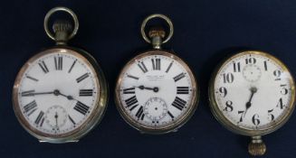 Nickel Goliath open face top wind pocket watch (glass cracked) & two others with movement parts /