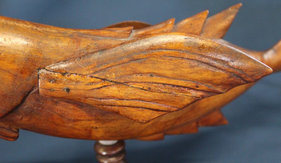Pitcairn Island carved hard wood fish, one fin stamped "Souvenir from Pitcairn Island" (some damage) - Image 2 of 8