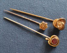 15ct gold & diamond stick pin & 2 plated stick pins