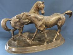 Large bronze "L'Accolade" depicting courting Arab mare & stallion after Pierre-Jules Mene 66cm wide,