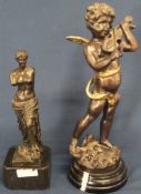 Bronze Venus de Milo on marble plinth 26cm high & modern patinated bronze cherub playing a violin on