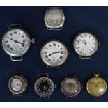 J W Benson silver cushion case wristwatch head with 15 jewel movement case No. 779 and 7 other