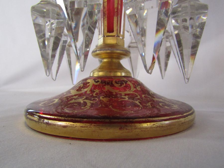 Pair of overlay cranberry lustres approx. 31cm high - gilding is worn in places, some chips to drops - Image 9 of 17
