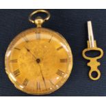 18ct gold open face fob watch with engine turned face & key