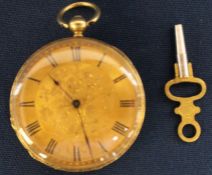 18ct gold open face fob watch with engine turned face & key