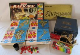 Collection of board games including wooden chess figures (no board), Trivial Pursuits, backgammon