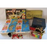 Collection of board games including wooden chess figures (no board), Trivial Pursuits, backgammon