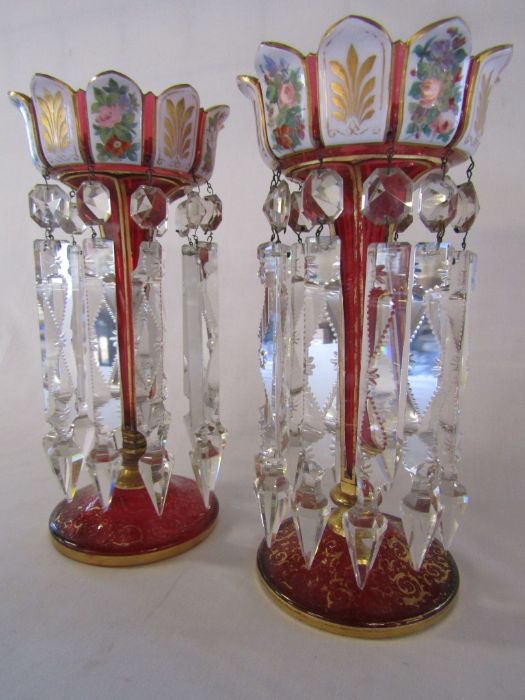 Pair of overlay cranberry lustres approx. 31cm high - gilding is worn in places, some chips to drops - Image 5 of 17