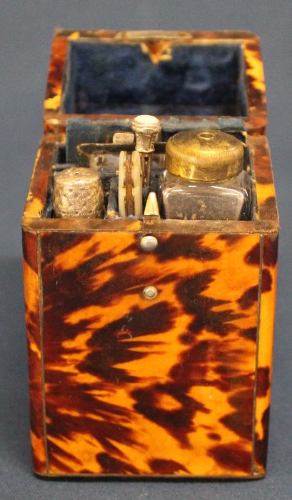 Victorian tortoiseshell etui with small engraved plaque to lid & contents including a miniature - Image 2 of 11