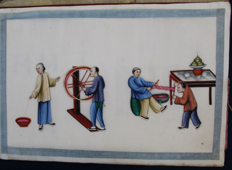 Late 19th / early 20th century album of Chinese paintings on rice paper depicting the silk making - Image 12 of 23