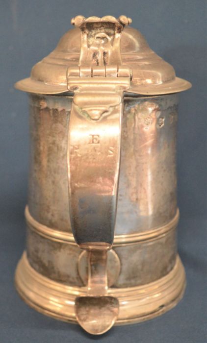 George II silver lidded ale tankard with monogram to handle ERS and later monogram JD? London1744 Ht - Image 3 of 6