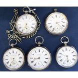 2 silver pocket watches marked 0.935 (one with white metal chain) & 3 other silver pocket watches