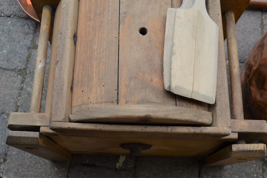 Butter churn (some woodworm) with pats, large copper jug & a warming pan - Image 2 of 3