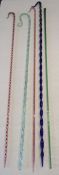 5 coloured glass canes - Pale green glass spirally moulded tapering staff, shepherd's crook clear