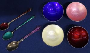 Set of 4 Volmer Bahner Danish enamelled sterling silver salts, 2 Ela enamelled spoons & 1 other