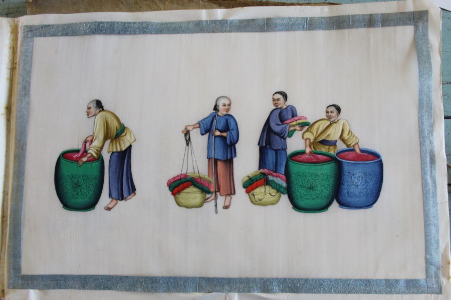 Late 19th / early 20th century album of Chinese paintings on rice paper depicting the silk making - Image 6 of 23