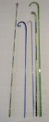 5 glass canes - clear glass plain walking stick containing blue spiralling with scroll handle,