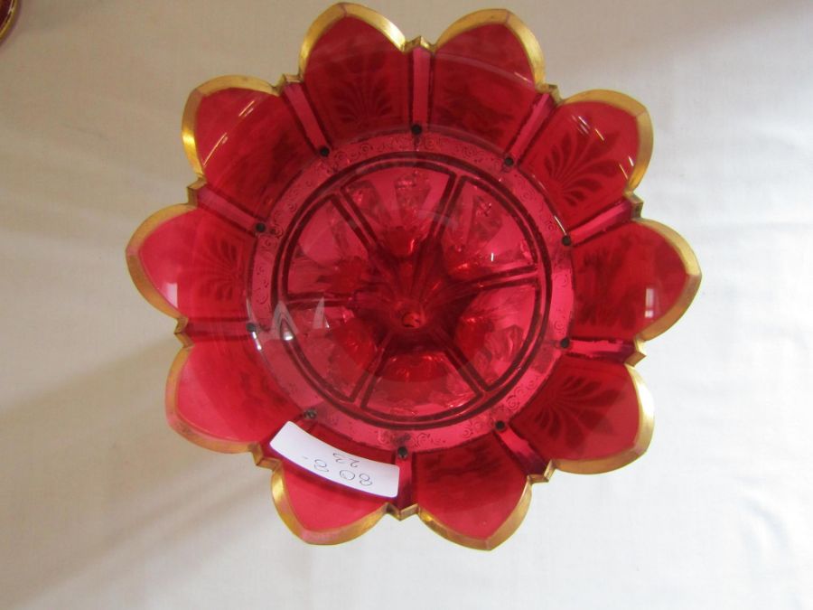 Pair of overlay cranberry lustres approx. 31cm high - gilding is worn in places, some chips to drops - Image 13 of 17