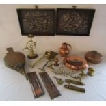 Collection of copper and brass items including large bellows, copper pictures circa 1966, door