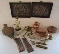 Collection of copper and brass items including large bellows, copper pictures circa 1966, door