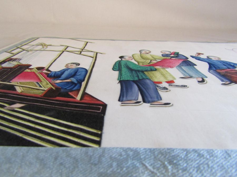 Late 19th / early 20th century album of Chinese paintings on rice paper depicting the silk making - Image 17 of 23