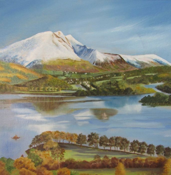 Unframed oil painting of Derwent Water From the Hill by Patricia Brown approx. 40cm x 40cm