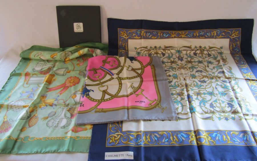 Boxed Diana de Silva green patterned silk scarf, Diana de Poitiers silk scarf and Richel silk
