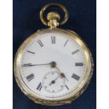 18k gold Continental open face top wind fob watch with enamel face, seconds dial & engine turned