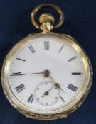 18k gold Continental open face top wind fob watch with enamel face, seconds dial & engine turned