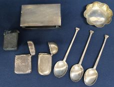 Silver playing cards holder (?) Chester 1929, 2 silver vesta cases & 1 other, 3 silver teaspoons