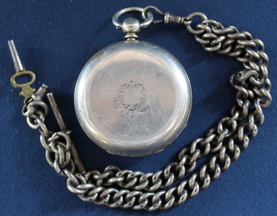 19th century silver cased open face pocket watch on heavy silver Albert chain with dog clip & T bar, - Image 3 of 5